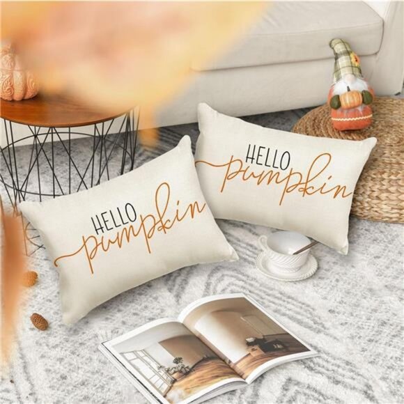 Fall Pillow Covers 12x20 Inch,Autumn Hello Pumpkin Pillows Decorative - Picture 2 of 7